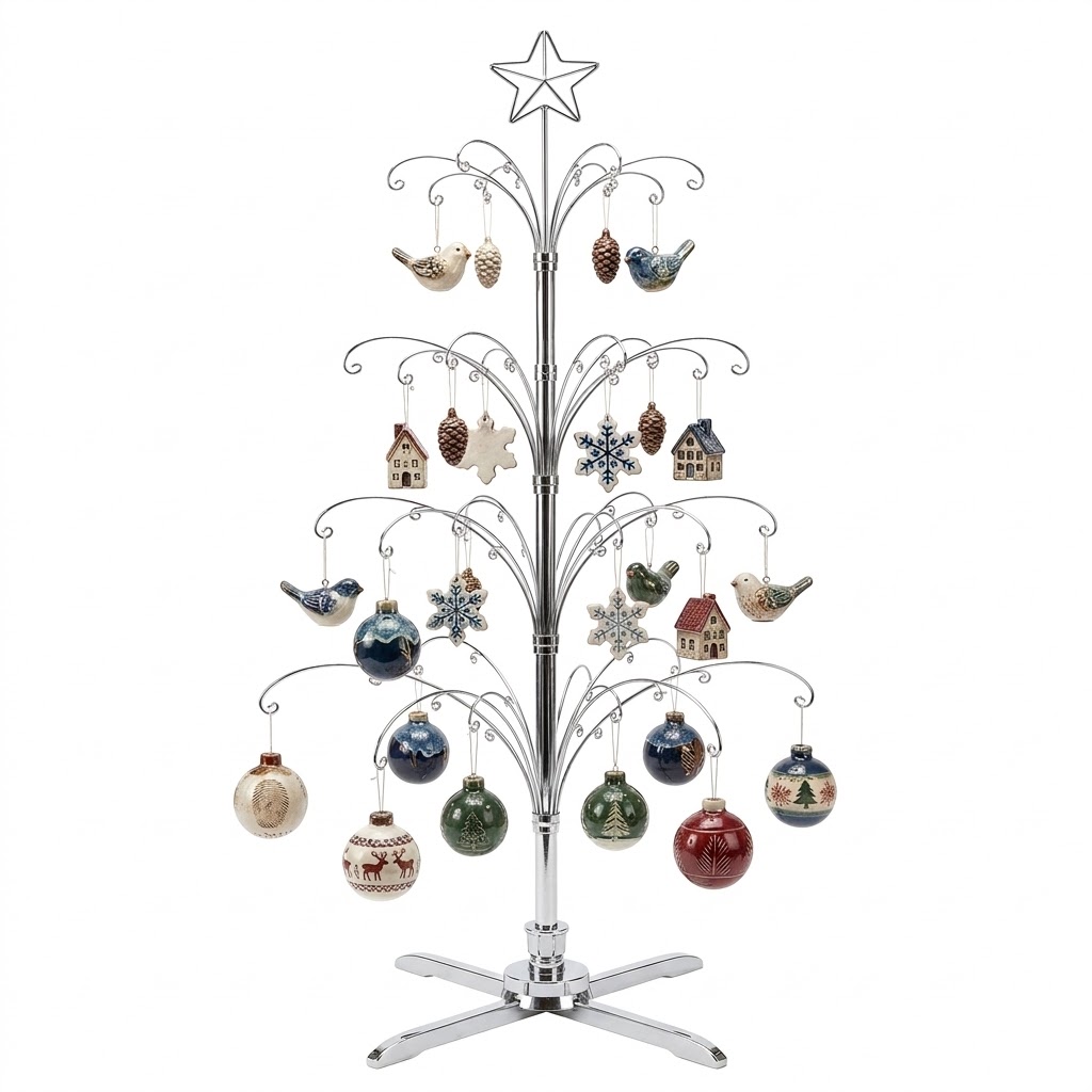 HOHIYA 74 Inch Rotating Ornament Display Tree Heavy Duty Metal Stand with 90 Hooks Large Floor Christmas Tree for Keepsake Ornaments Chrome Silver